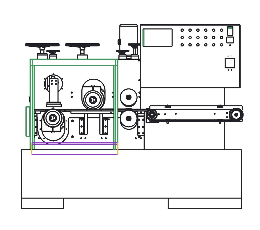 VMG-290 inner and outer arc grinding machine structural view — grinding chamber on the left with two grinding heads, control cabinet on the right, pass-through conveyor