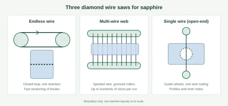 Sapphire cutting methods: endless, multi-wire and single-wire diamond saws