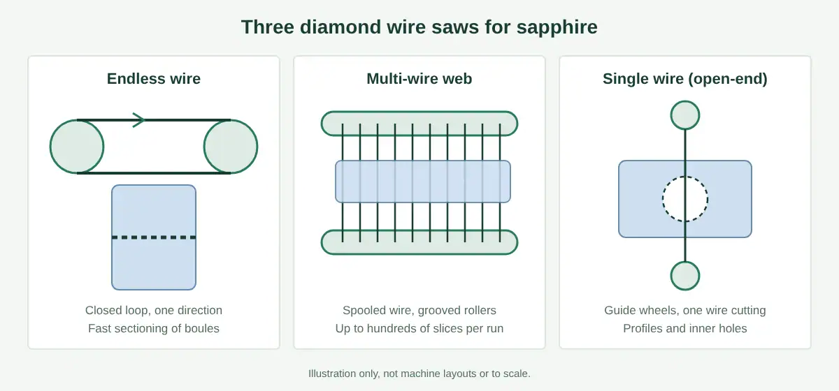 Sapphire cutting methods: endless, multi-wire and single-wire diamond saws
