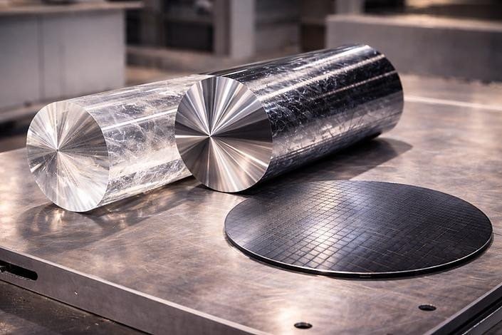 Ingots and wafer on a workbench